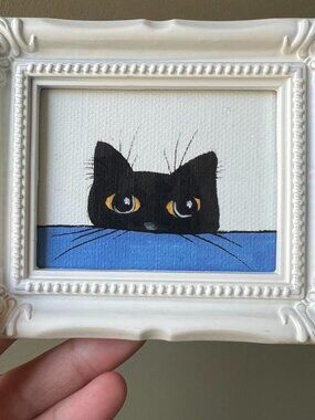 Mini Framed Black Cat Art Print, Glass Front Canvas Wall Decor